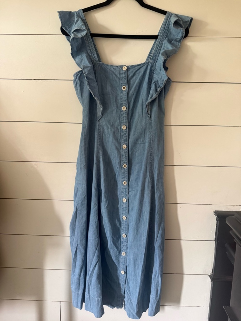 Madewell Light Blue Denim Button-Front Midi Dress with Ruffle Straps